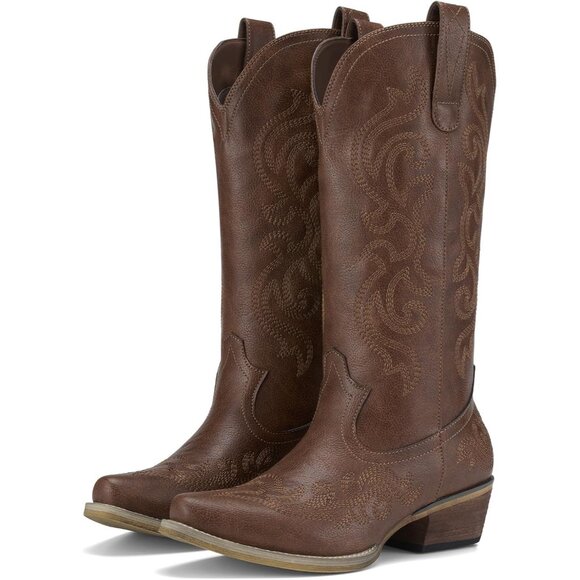 ⚡ Women Bronze Synthetic Leathers Cowgirl Chunky Heel Snip Toe Mid-Calf Boots - Picture 1 of 7